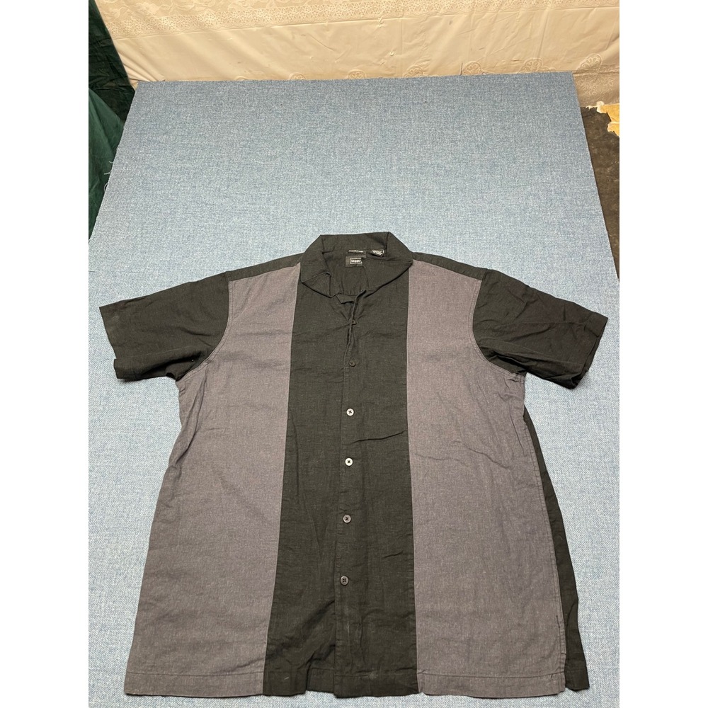 Haggar Mens XXL Linen Blend Colorblock Bowling Shirt Black Grey Short Sleeve
